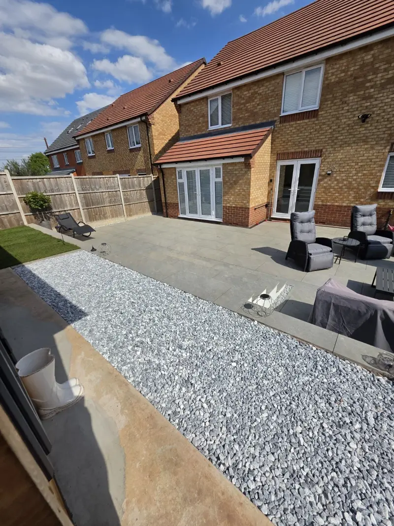 Completed porcelain patio and landscaped rear garden in Shropshire